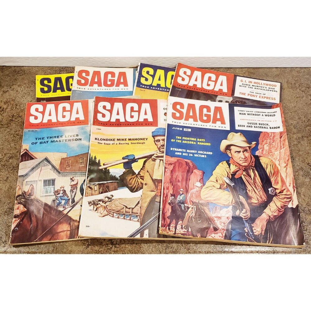 Lot of 7 RARE 1950s Saga Magazines, Mancave Men's Magazines, Pulp Fiction Mags